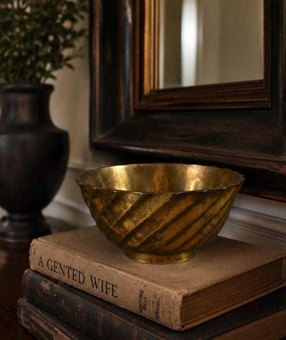 Spiral Brass Footed Bowl Art Deco Console Table Decor Vessel