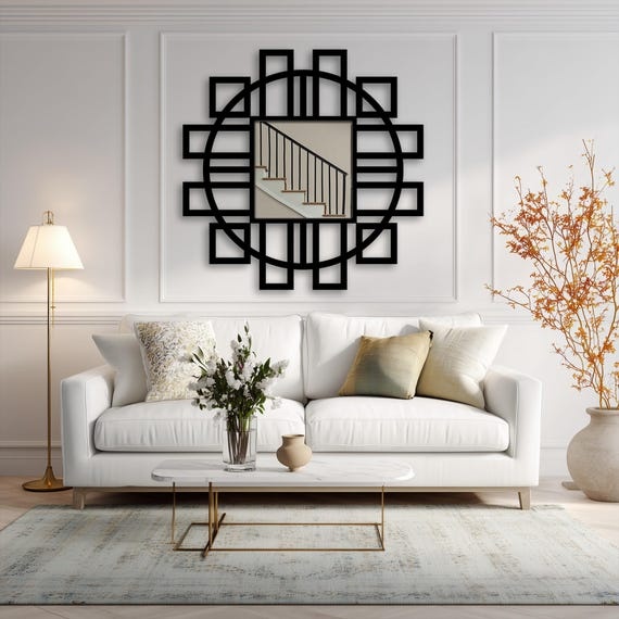 Art Deco Wall Mirror, Black Metal Frame, Geometric Circle Design