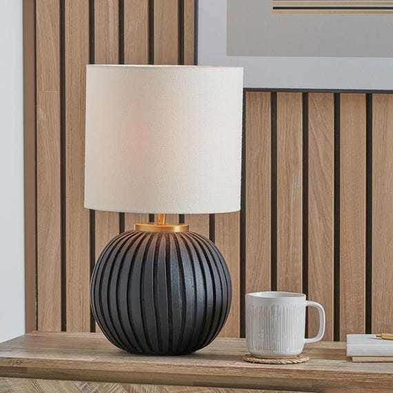 Black Terracotta Textured Ball Table Lamp | Art Deco Small Living Room Bedside Table Lamps Complete with Shade