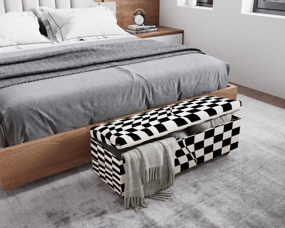 Black and White Checkered Storage Bench, Graphic Pattern Upholstered Ottoman for Bedroom End or Entryway RB 2100