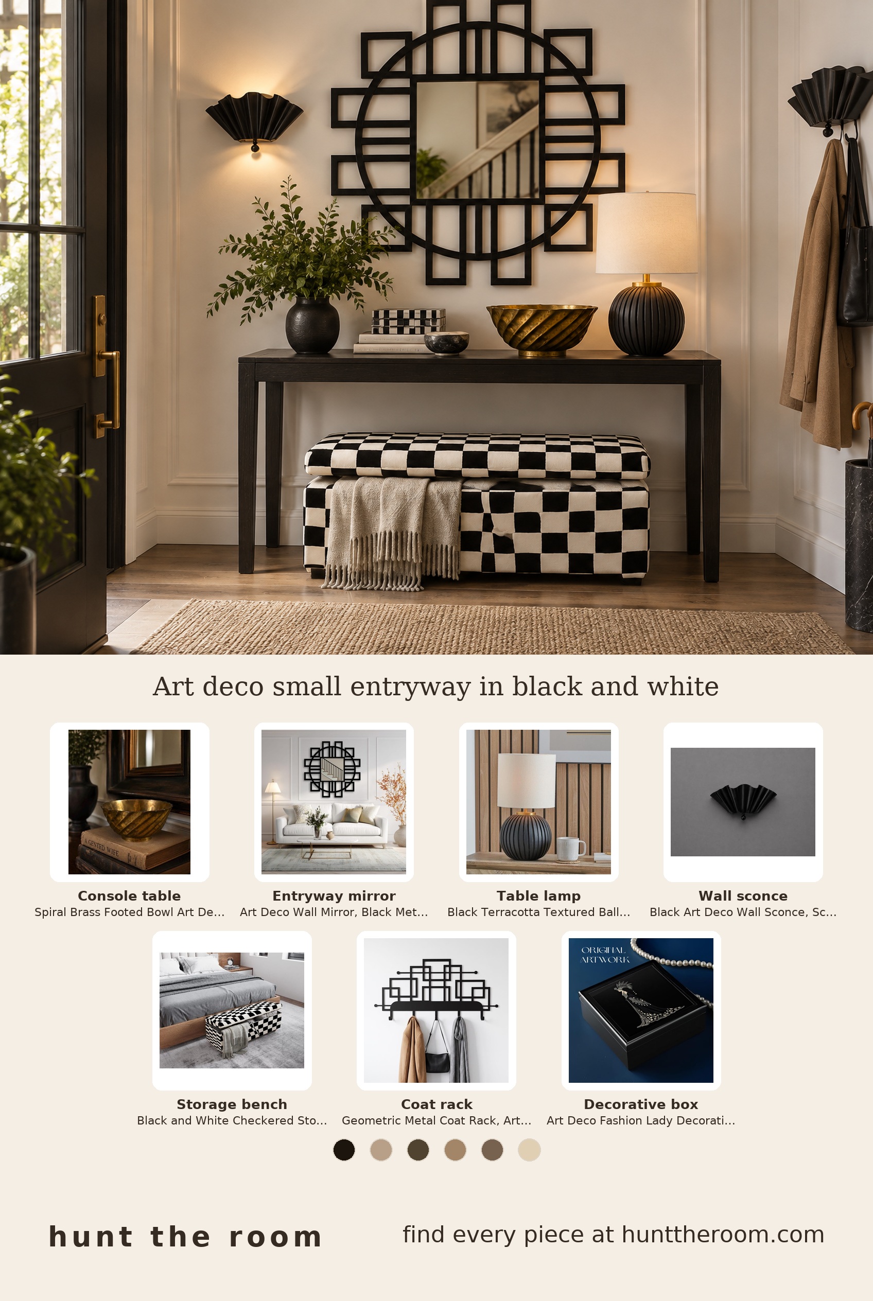 flat lay of black and white art deco entryway pieces including a black metal framed mirror, brass footed bowl, black terracotta ball lamp, black wall sconce, checkered storage bench, geometric metal coat rack, and decorative box