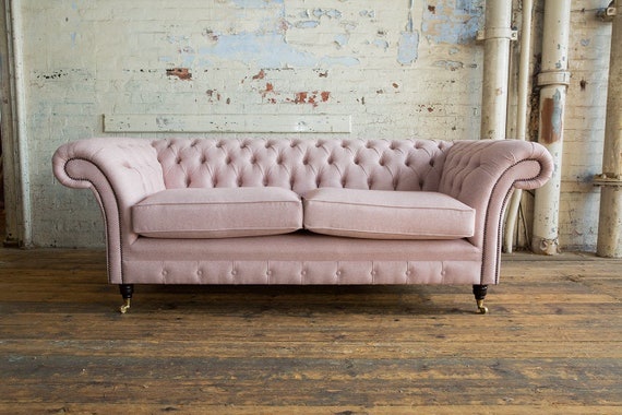 British Handmade 3 Seater Dusty Pink Wool Chesterfield Sofa
