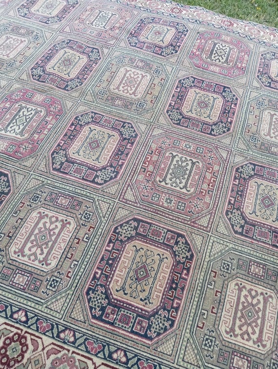 7x10 Vintage Rug, Muted Oushak Rug, Pastel Large Area Rug, Antique Turkish Rug, Geometric Panel Design Rug, Living Room Rug, Boho Home Decor