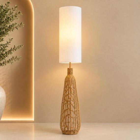 Natural Rattan Floor Lamp, Tall White Shade, Boho Woven Base Standing Lamp