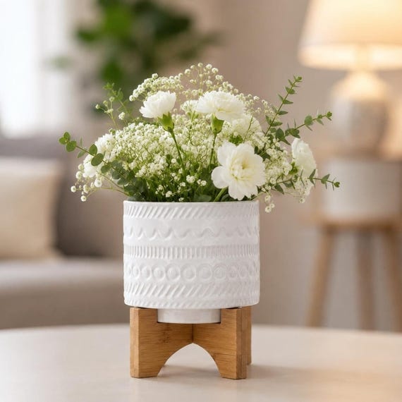 Shelf Planter, White Ceramic Pot with Wooden Stand, 8 Inch Boho Decor