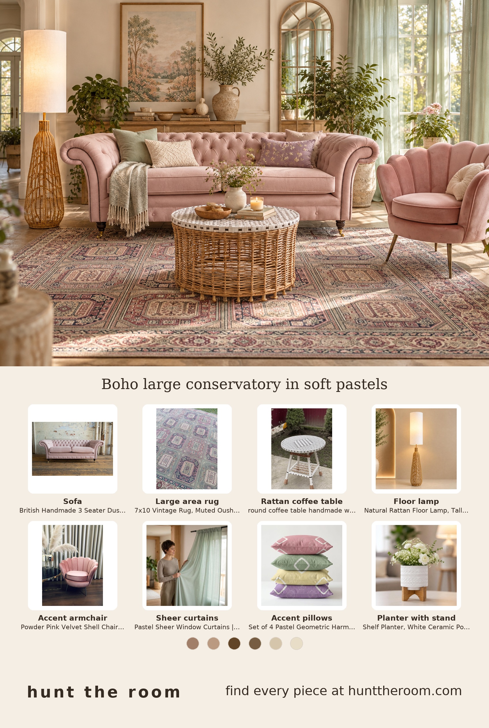 Flat lay of a dusty pink Chesterfield sofa, vintage pastel Oushak area rug with geometric panel design, natural rattan round coffee table, natural rattan floor lamp with tall white shade, powder pink velvet shell chair, pastel geometric cushions, and soft pastel sheer window curtains alongside a white ceramic planter with wooden stand.