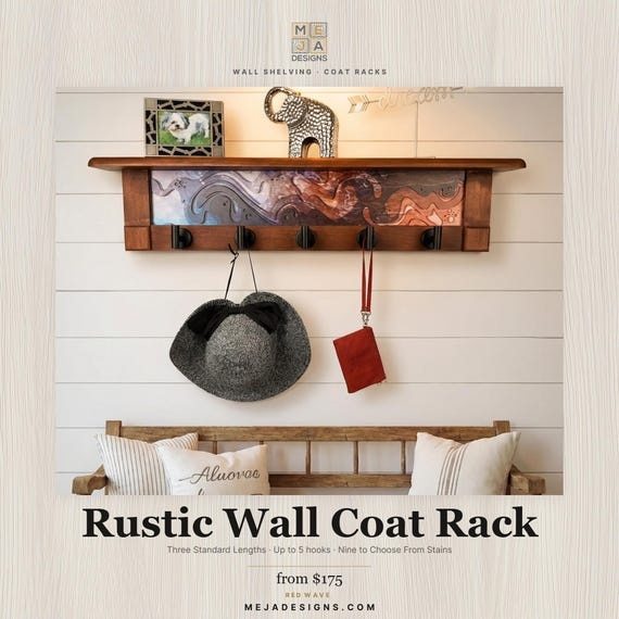 Rustic Wall Coat Rack with Shelf: Entryway Organizer with Black Hooks | Abstract Landscape Blue, Burgundy & Terracotta