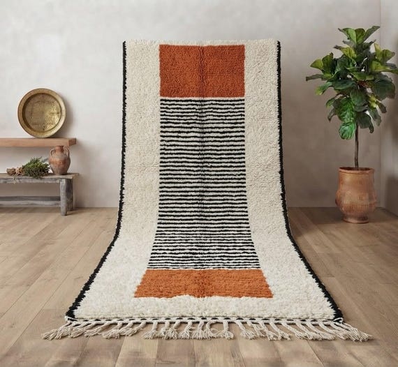Handmade Moroccan Runner Rug, Geometric Wool Carpet, Terracotta Black Boho Shag (Custom Size)