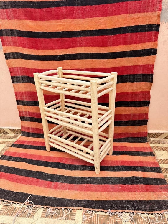 Handcrafted Moroccan Wooden Shoe Rack | Rustic Entryway Organizer, Boho Home Decor