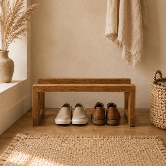 Boho Entryway Shoe Rack, Wooden Hallway Bench, Minimalist Natural Storage