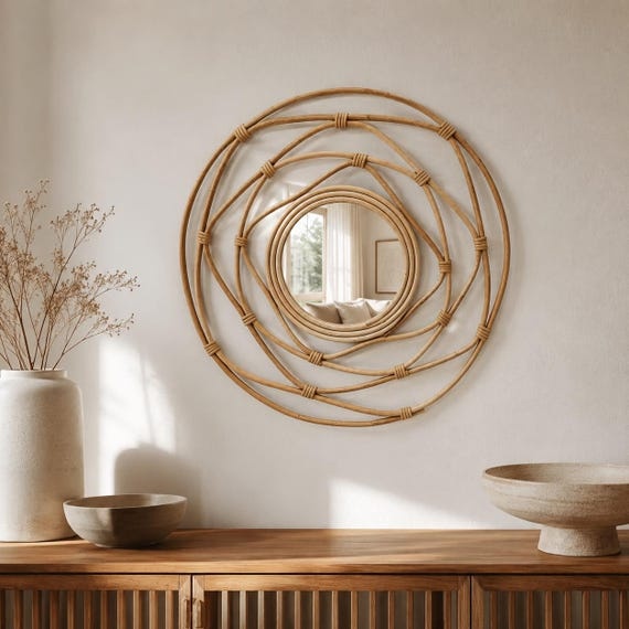 Rattan Wall Mirror 18.89in, Hand Woven Round Mirror, Vintage Boho Decor, Bathroom Vanity Mirror, Living Room Wall Decor