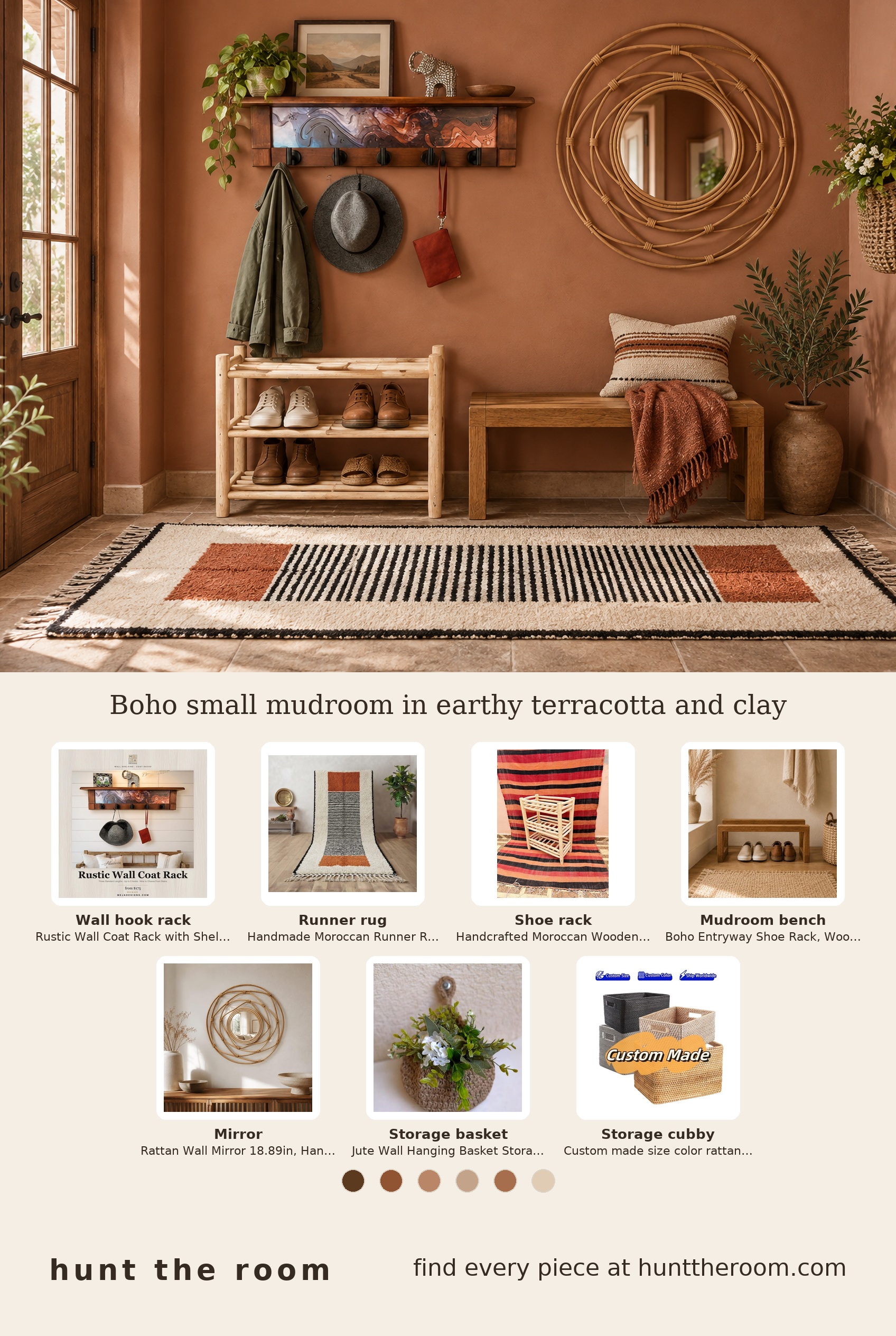 Flat lay of boho small mudroom products including a wooden shoe rack and bench, a terracotta black runner rug, a rattan round mirror, a rustic wall coat rack with black hooks, and woven storage baskets.