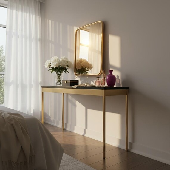 Matte Black Console Table with Gold Metal Frame | Modern Minimalist Design