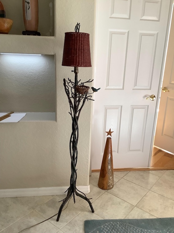 Vintage BRUTALIST Tree Branches Welded Iron Floor Lamp with Wicker Rattan Shade WORKS.