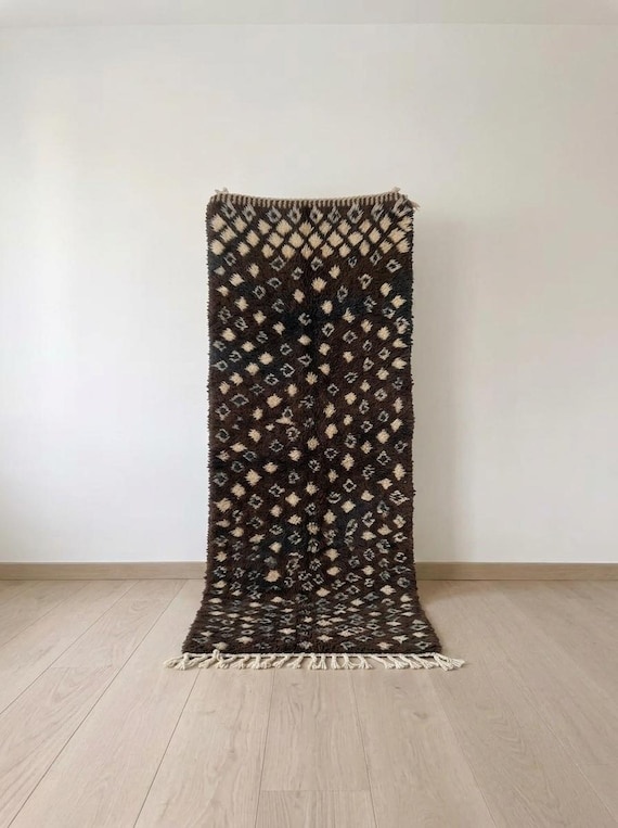 Dark Brown Moroccan Wool Runner with Small Tribal Diamonds, Handmade Vintage Look Berber Rug for Moody Hallway or Eclectic Home