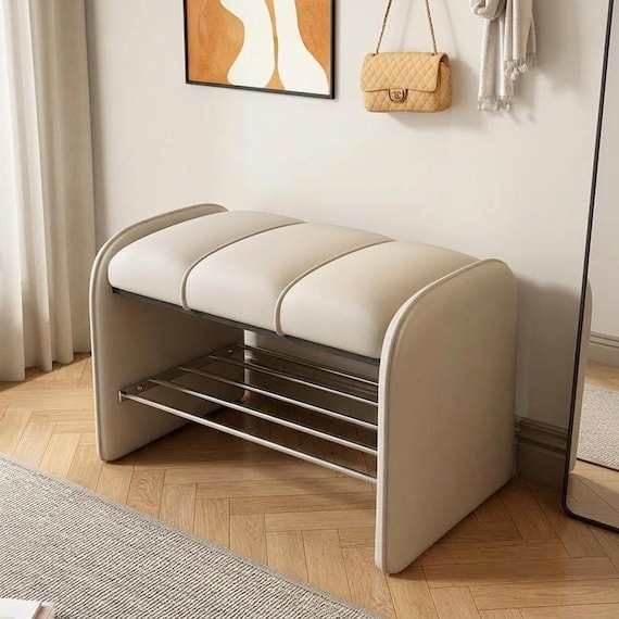 Leather Shoe Bench Entryway Storage Stool Modern Luxury Hallway Seating Ottoman Organizer Metal Furniture