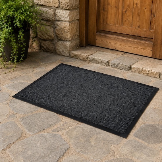 Textured Black Door Mat, Minimalist Entrance Rug, Modern Entryway Decor