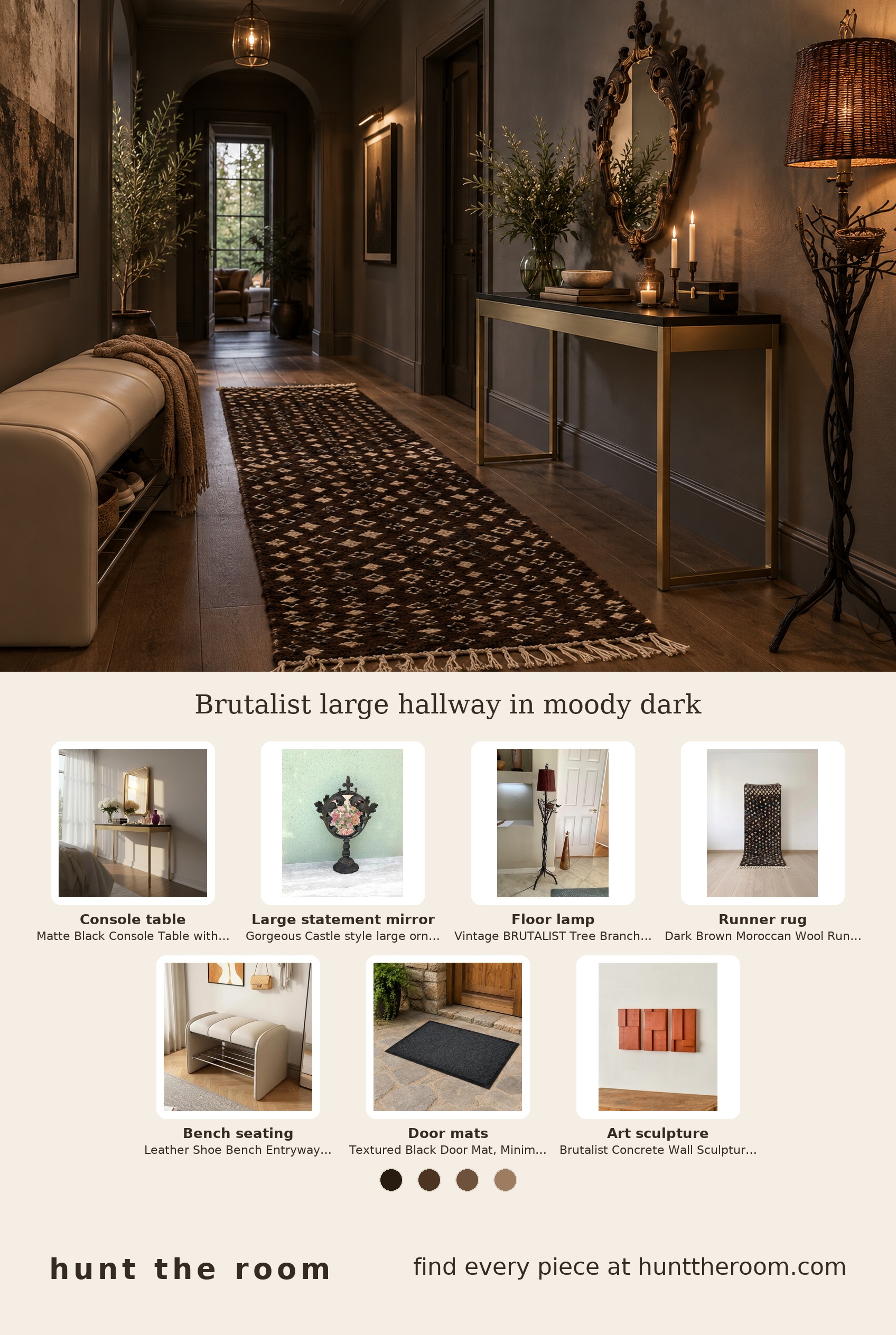 Flat lay image showing pieces for a moody brutalist hallway including a black metal and gold console table, ornate gothic metal mirror, brutalist iron floor lamp with wicker shade, dark brown tribal wool runner rug, black leather bench seat, textured black door mat and concrete wall art.
