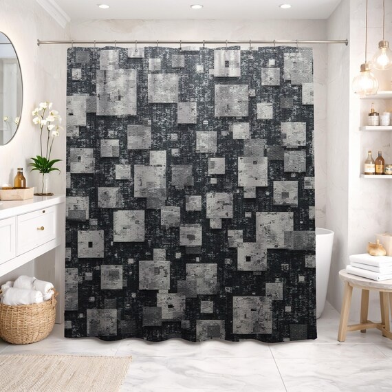 Abstract Blocks Shower Curtain, Modern Bathroom Curtain, Charcoal Gray, Industrial Brutalist Geometric