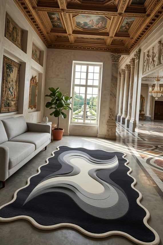 Wavy Edge Abstract Area Rug, 3D Tufted Monochrome rug, Liquid Swirl Black Grey Wool Rug, Avant Garde Living Room rug, Unique Shaped Rug