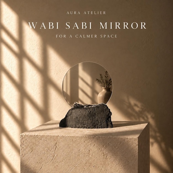 Brutalist Design,Wabi Sabi Mirror, Round Matte Black Concrete Vanity with Textured Stone Base