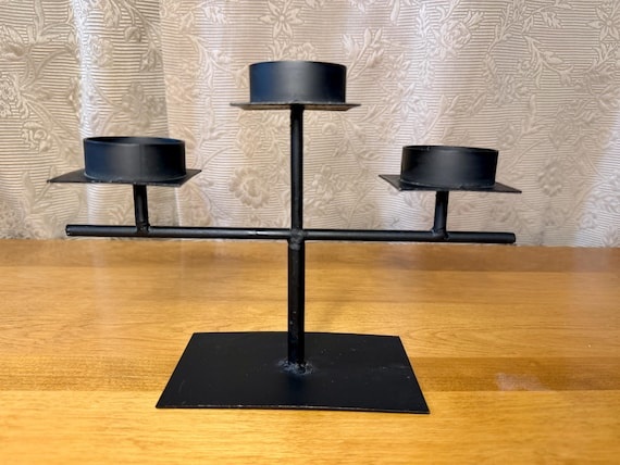 Vintage Matte Black Iron Brutalist Candelabra – T-Bar Candle Holder Centerpiece