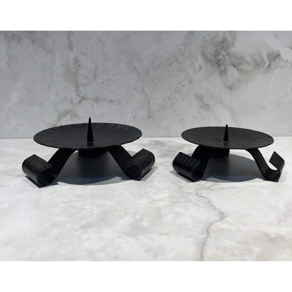 2 Vtg Mid-Century Modern Brutalist Iron Metal Pillar Round Candle Holder Black