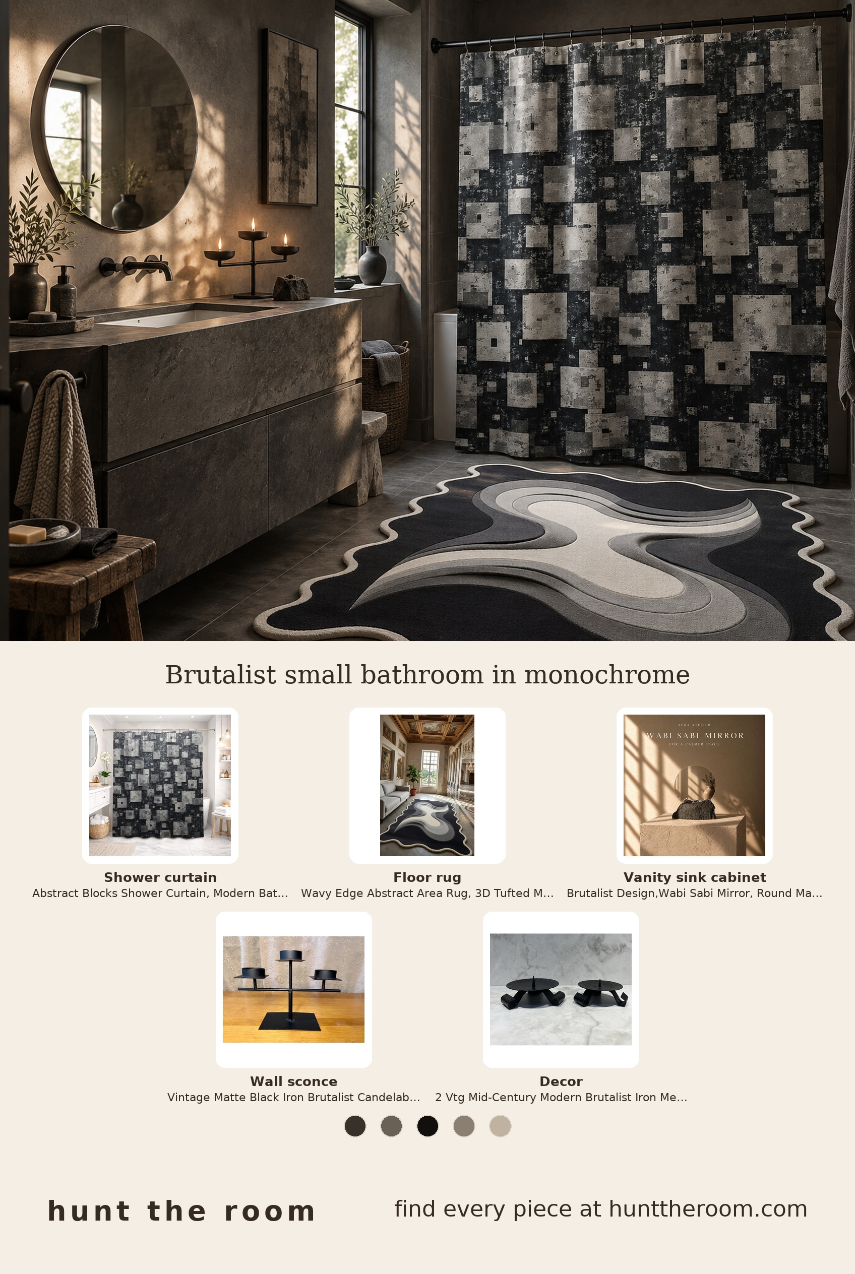 Flat lay of a black and white geometric shower curtain, an abstract wavy-edge charcoal and grey rug, a round matte black mirror with textured base, and matte black brutalist iron candle holders arranged on a light surface.