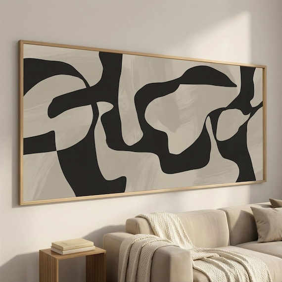 Framed Extra Wide Canvas Wall Art, Abstract Black & Beige Line, Minimal Neutral Horizontal Decor for Above Sofa or Bed