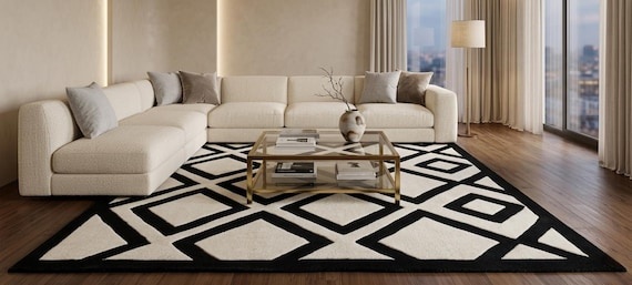 Black White Geometric Rug, Modern Area Rug, Large Tufted Carpet, Abstract Pattern Rug, Living Room Bedroom Home Decor