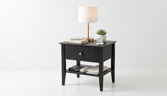 Modern Black Wood Nightstand with Drawer and Shelf | Minimalist Bedside Table