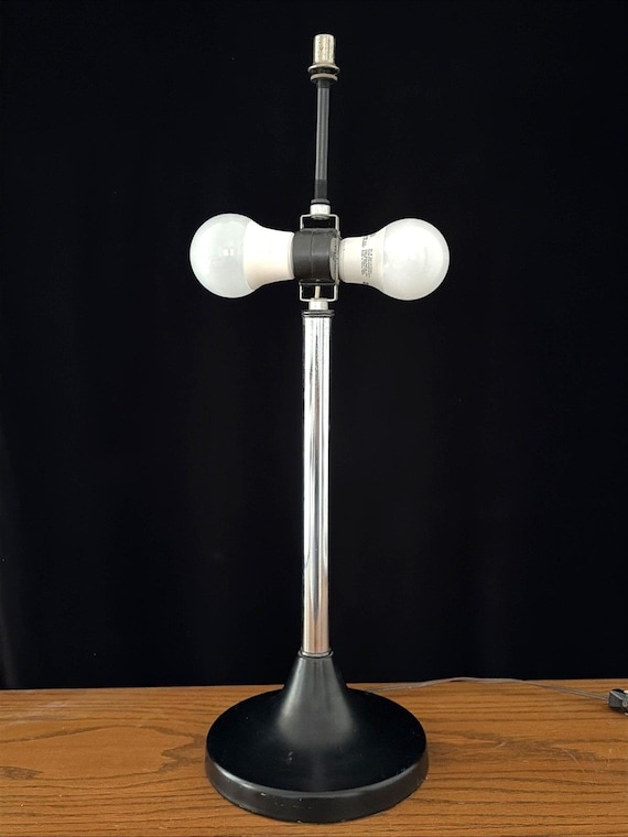 Vintage MCM Chrome and Black Metal Table Lamp 21" double socket