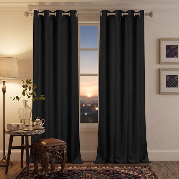 Black Blackout Curtains, Satin Room Darkening Drapes for Bedroom, Custom Size Elegant Silky Window Treatment