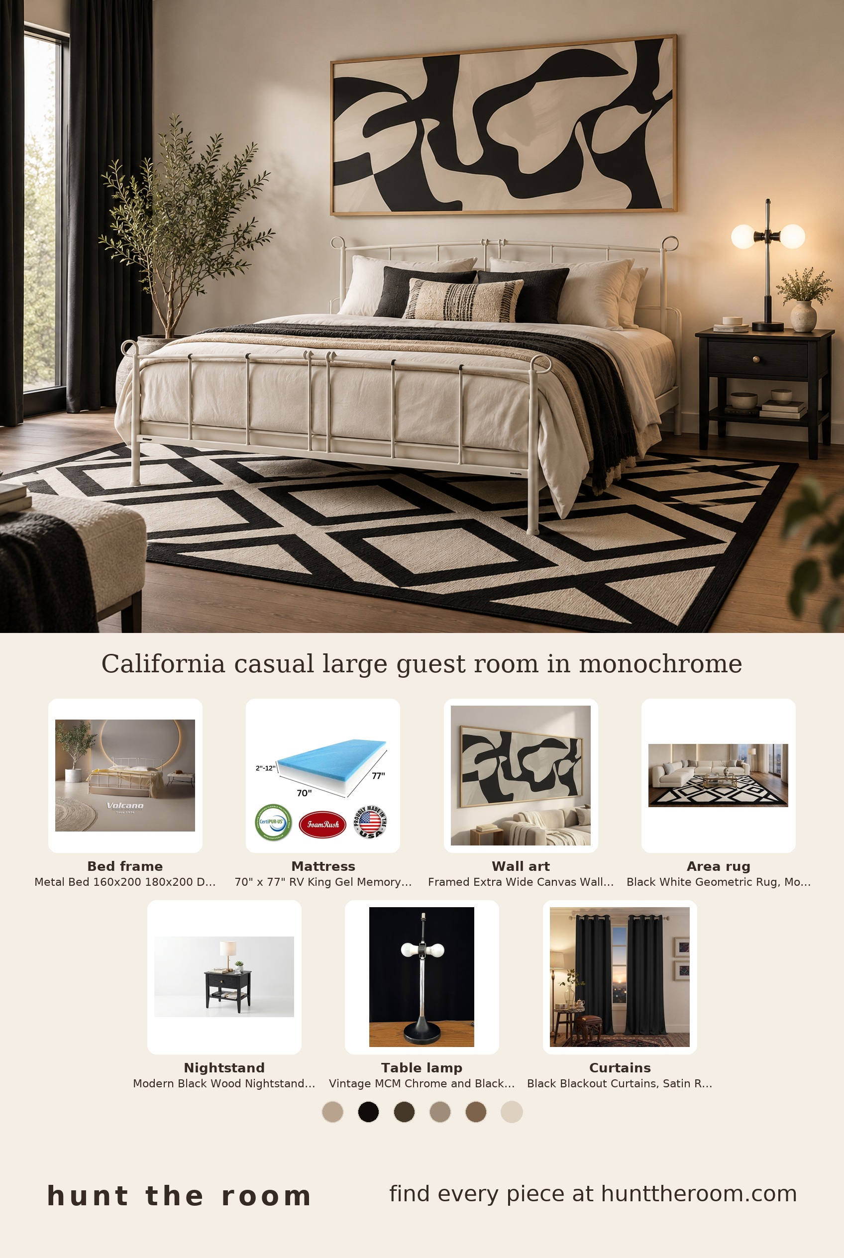 Flat lay image showing a monochrome guest room edit: wrought iron bed frame, gel memory foam mattress, abstract black and beige wall art, geometric black and white rug, black wood nightstand, vintage chrome and black metal lamp, and black blackout curtains.