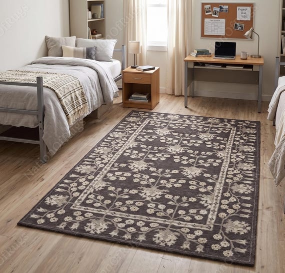 HandTufted Charcoal Grey Floral Wool Rug, Traditional Cream Vine Border Area Carpet, Luxury Vintage Hallway Living Accent by NationOfRugs