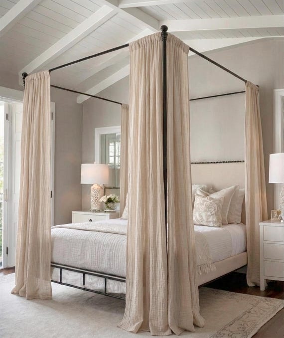 Linen Canopy Bed Curtains - Cream | Green | White Cotton Muslin Bedroom Drapes