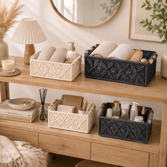 Macrame Storage Basket, Woven Organizer Bin with Wooden Handles, Boho Shelf Basket, Nursery & Bathroom Storage, Cream or Gray