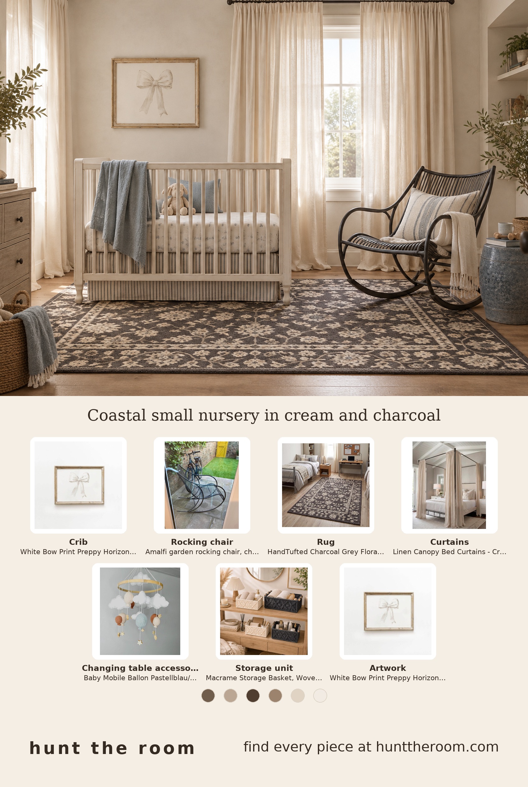 Flat lay of nursery elements including a cream bow print artwork, charcoal garden rocking chair, charcoal wool floral rug, cream linen canopy curtains, baby mobile with pastel clouds and hot air balloons, and cream and charcoal macrame storage baskets.