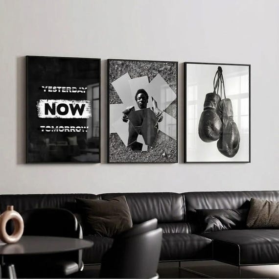 Set of 3 Black White Prints, Yesterday Now Tomorrow Poster, Boxing Gloves Wall Art, Mirror Man Print, Gym Decor, Motivational Sport Gift
