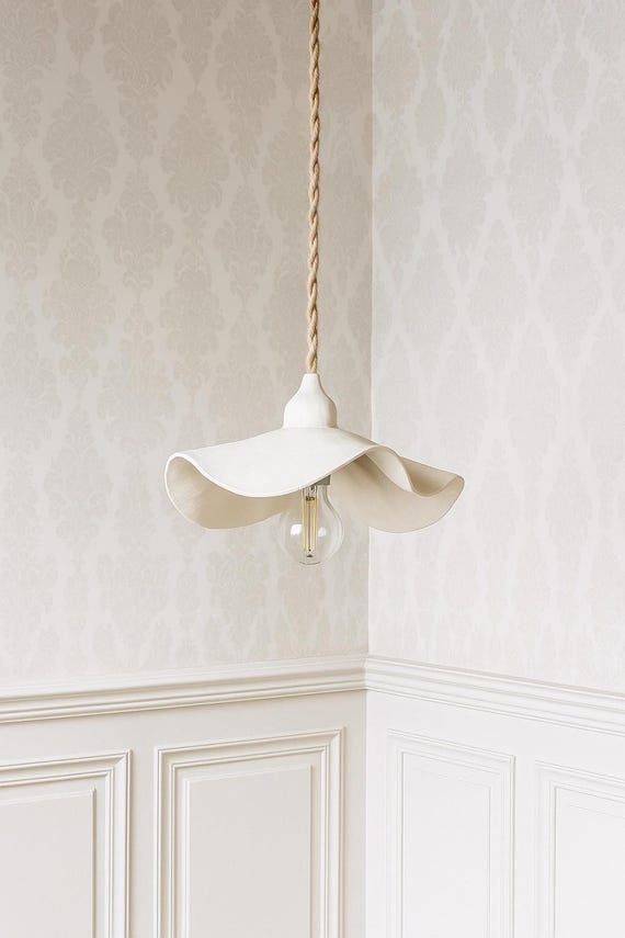 Handmade White Clay Pendant Light: Minimalist Boho Hanging Lamp