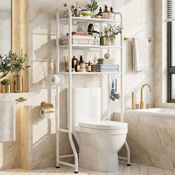 Freestanding Over Toilet Storage Rack, 3 Tier Bathroom Organizer, Space Saver Shelf with Toilet Paper Holder & 3 Handy Hooks