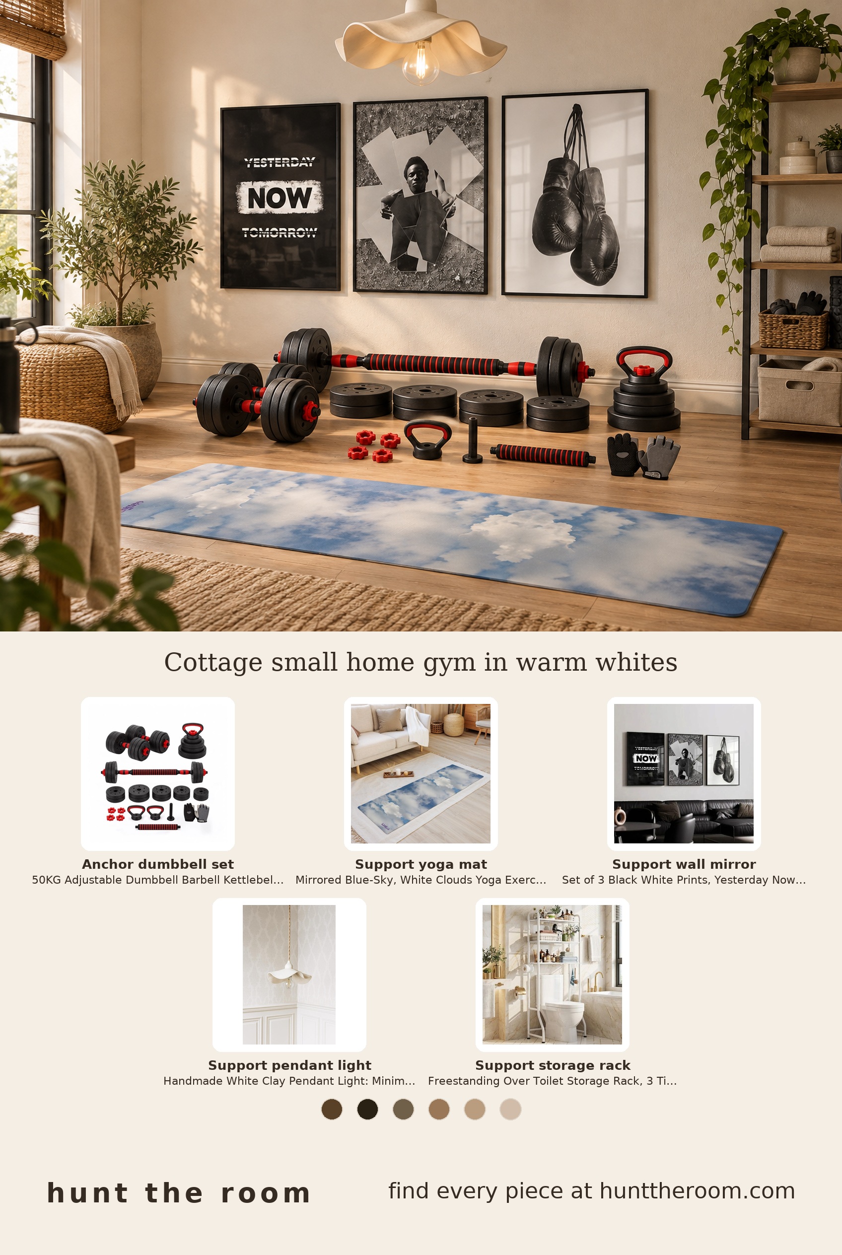 flat lay of a 50kg adjustable dumbbell set with red and black accents, a soft blue yoga mat with white clouds print, three black and white motivational wall art prints featuring boxing gloves and text, a white ruffled boho pendant light, and a white three-tier freestanding storage rack with hooks