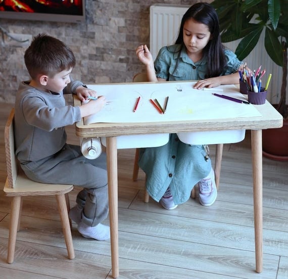 Wooden Kids Arts and Crafts Table, Montessori Sensory Play Table with Chair, Solid Birch Wood Childrens Desk with Cup Holder, Playroom Decor