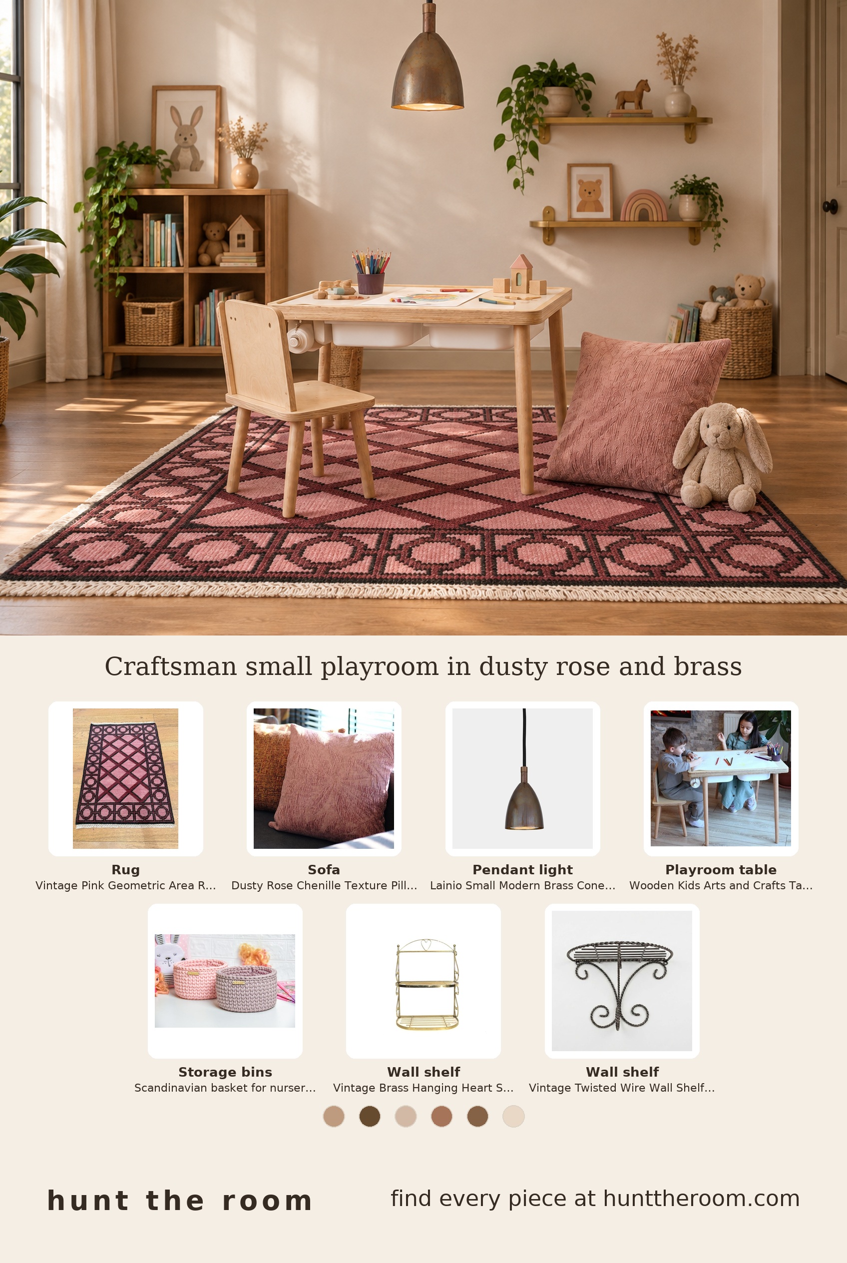flat-lay image of kids playroom furnishings including a dusty rose geometric rug, blush pink chenille pillow, brass cone pendant lamp, wooden kids table with chairs, pink and mauve knit baskets, and two vintage brass wall shelves