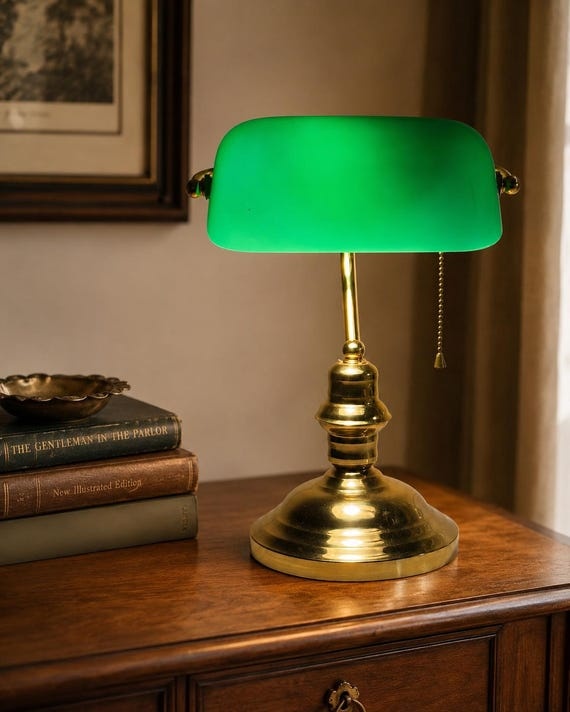Vintage Green Banker’s Lamp Brass Desk Light Emerald Glass Shade Traditional Office Decor