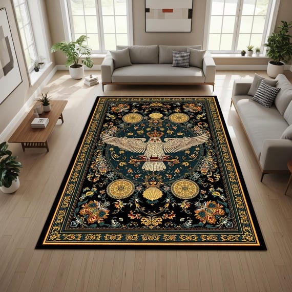 Mystic Owl Persian Area Rug, Dark Navy Vintage Floral Carpet, Boho Gothic Floor Decor Statement for Bedroom, Living Room, Witchy Gift