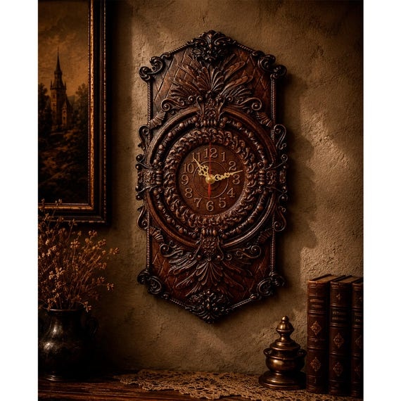 Grandfather Wall Clock with Arabic Numerals, Large Ornate Antique Carved Wood Clock, Standuhr Vintage Dark Academia Home Decor