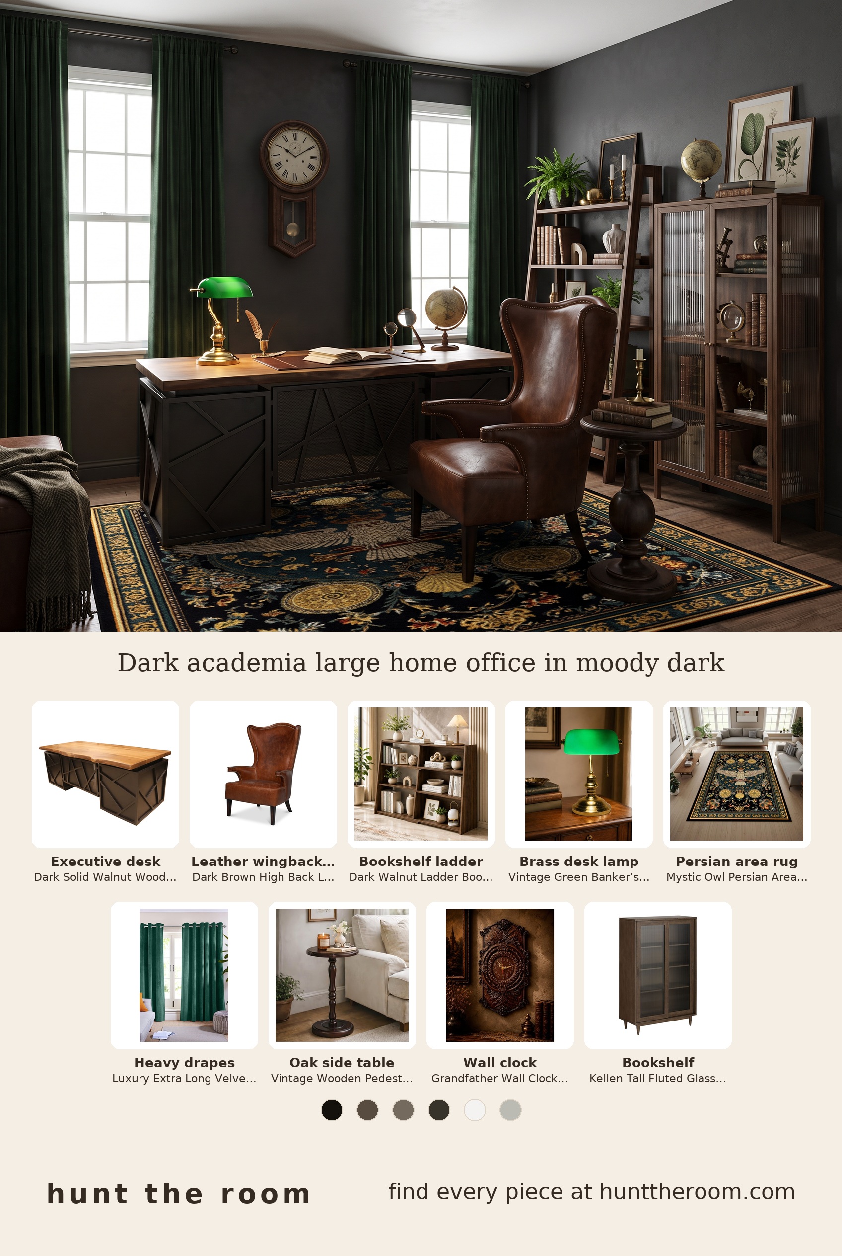 Flat lay of a walnut executive desk, dark brown leather wing chair, walnut ladder bookshelf, green glass banker's lamp, dark navy Persian rug, emerald velvet drapes, dark wood pedestal side table, ornate wooden grandfather clock and fluted glass walnut display cabinet
