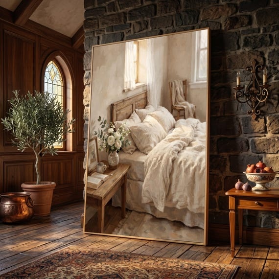 Cozy Neutral Bedroom Canvas Wall Art, Rustic Wooden Bed Frame, Soft White Bedding, Morning Light Interior, Home Decor Painting, Relaxing