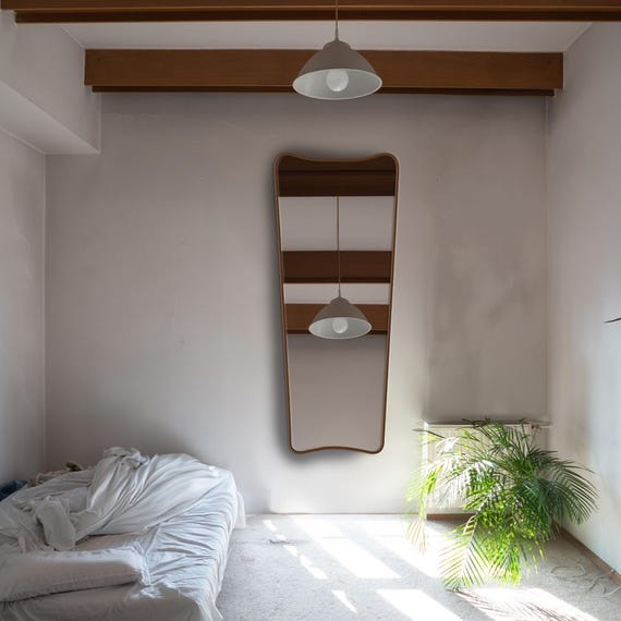 Wavy Full Length Mirror Wood Frame, Irregular Modern Wall Mirror, Japandi Entryway Bedroom Statement
